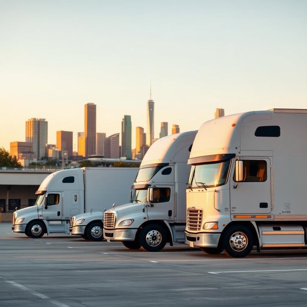 Row of white moving trucks lined up in a Houston depot at golden hour