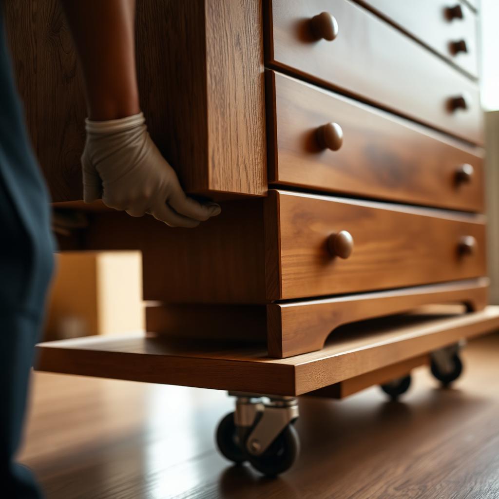 Close up of gloved hands guiding a wooden dresser onto a padded moving dolly