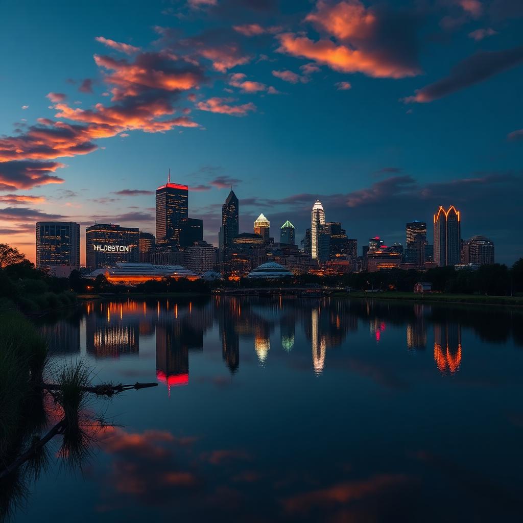Downtown Houston skyline reflected in a still bayou at twilight