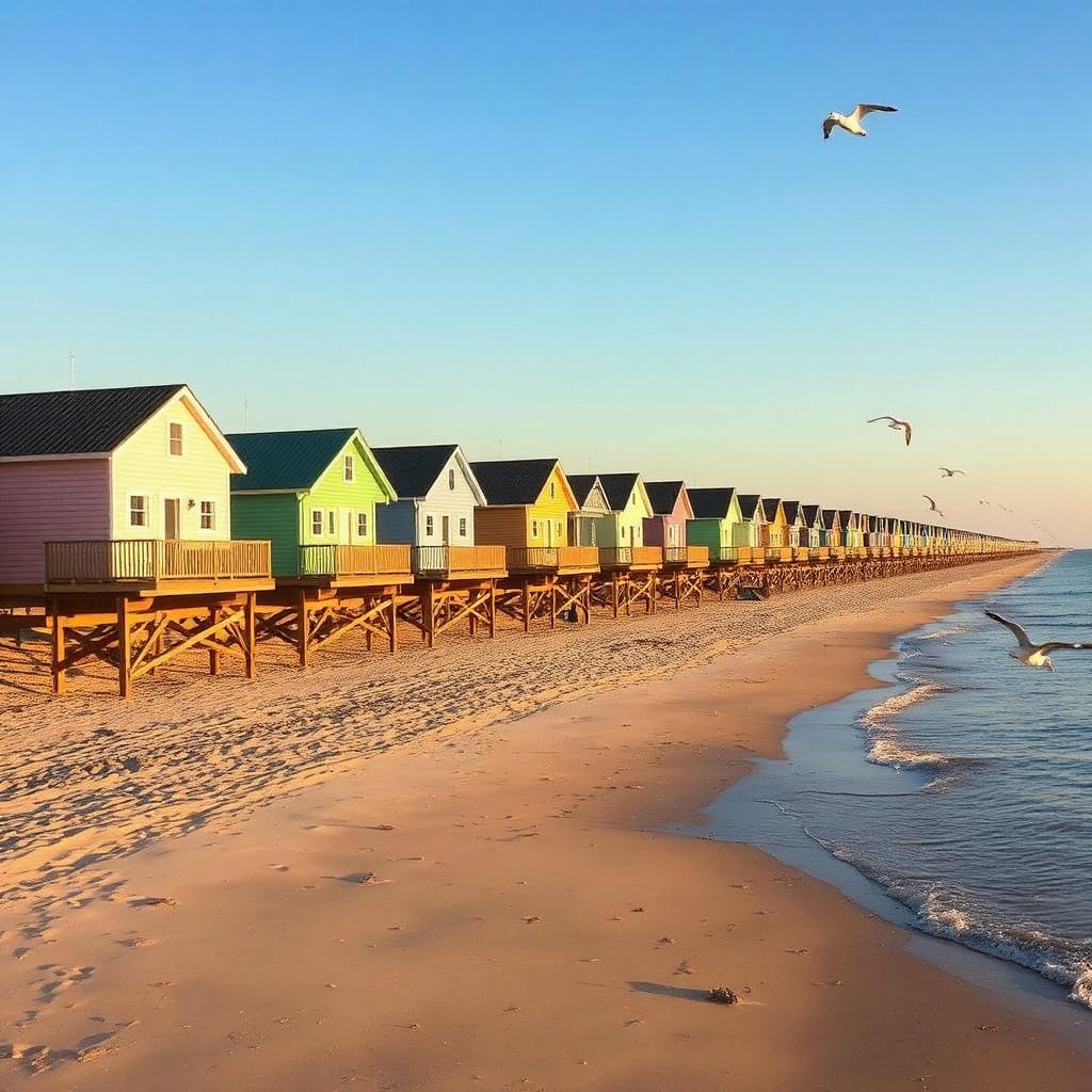 Row of pastel beach houses on stilts along the Galveston coast