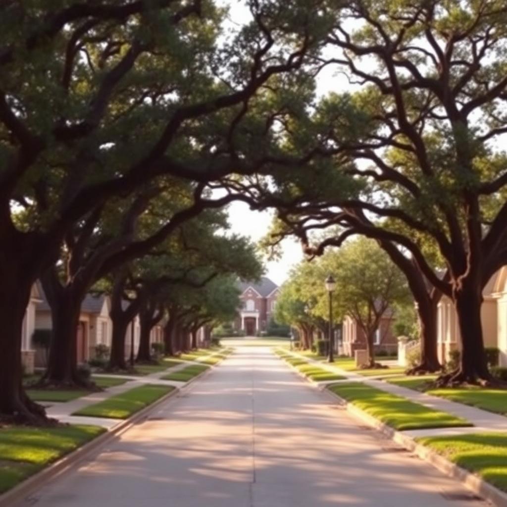 Tree-lined suburban street in Katy or Sugar Land with mature live oaks