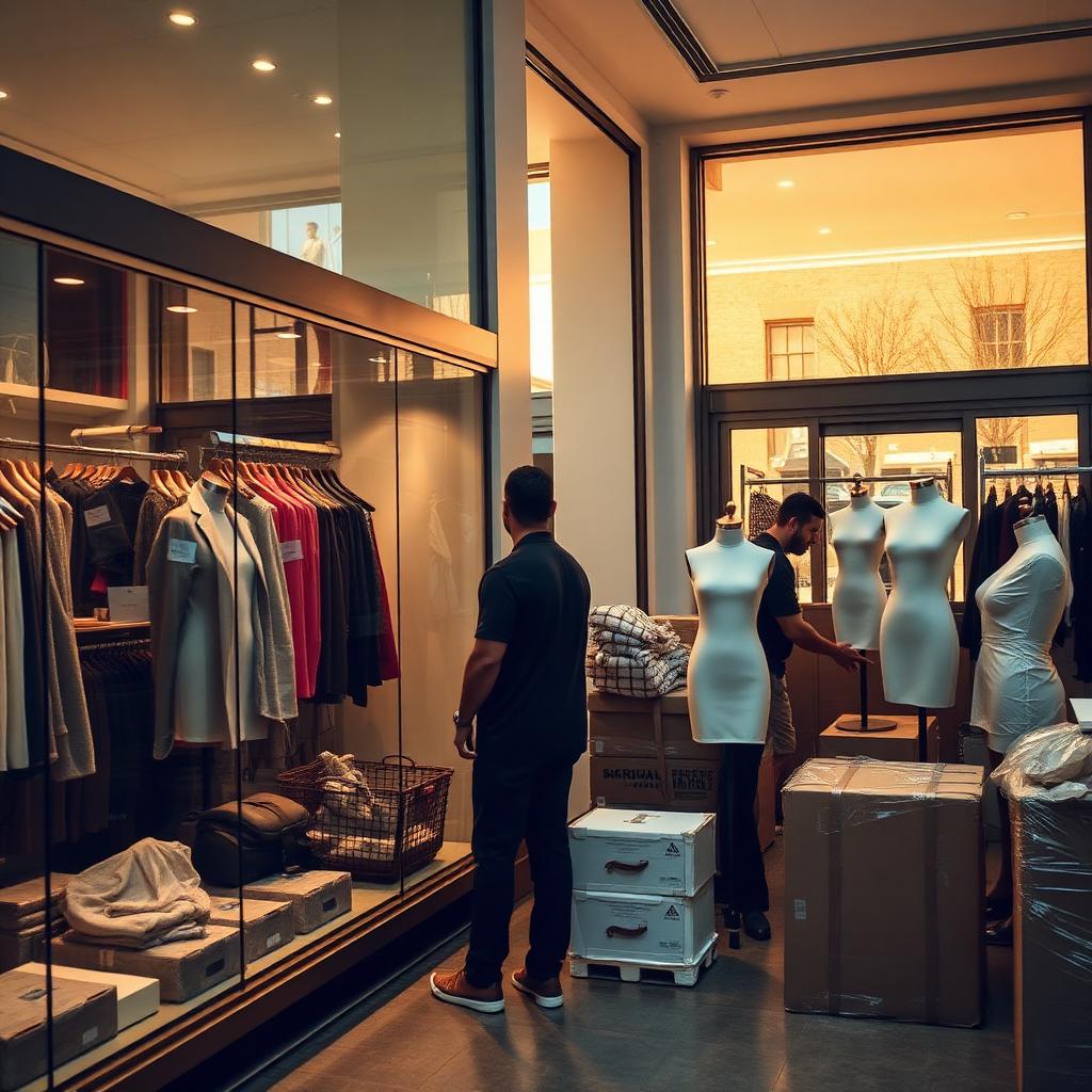 Upscale retail store mid-move with padded display cases and wrapped mannequins