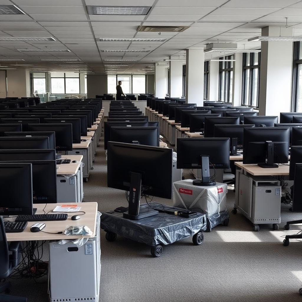 IT workstations wrapped and staged on padded dollies in an open-plan office