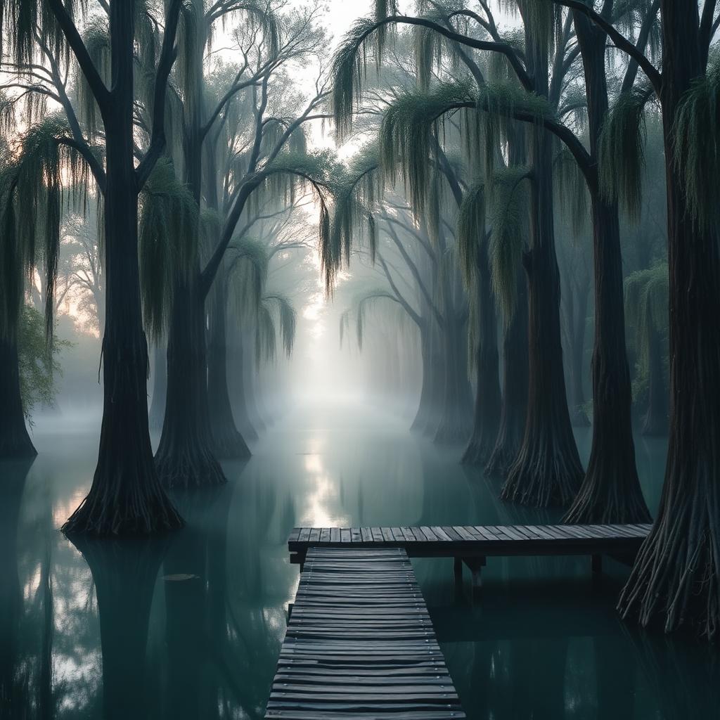 Cypress trees along a Houston bayou at dawn