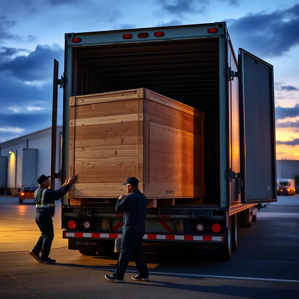 Wooden shipping crate being loaded into a semi trailer at dusk