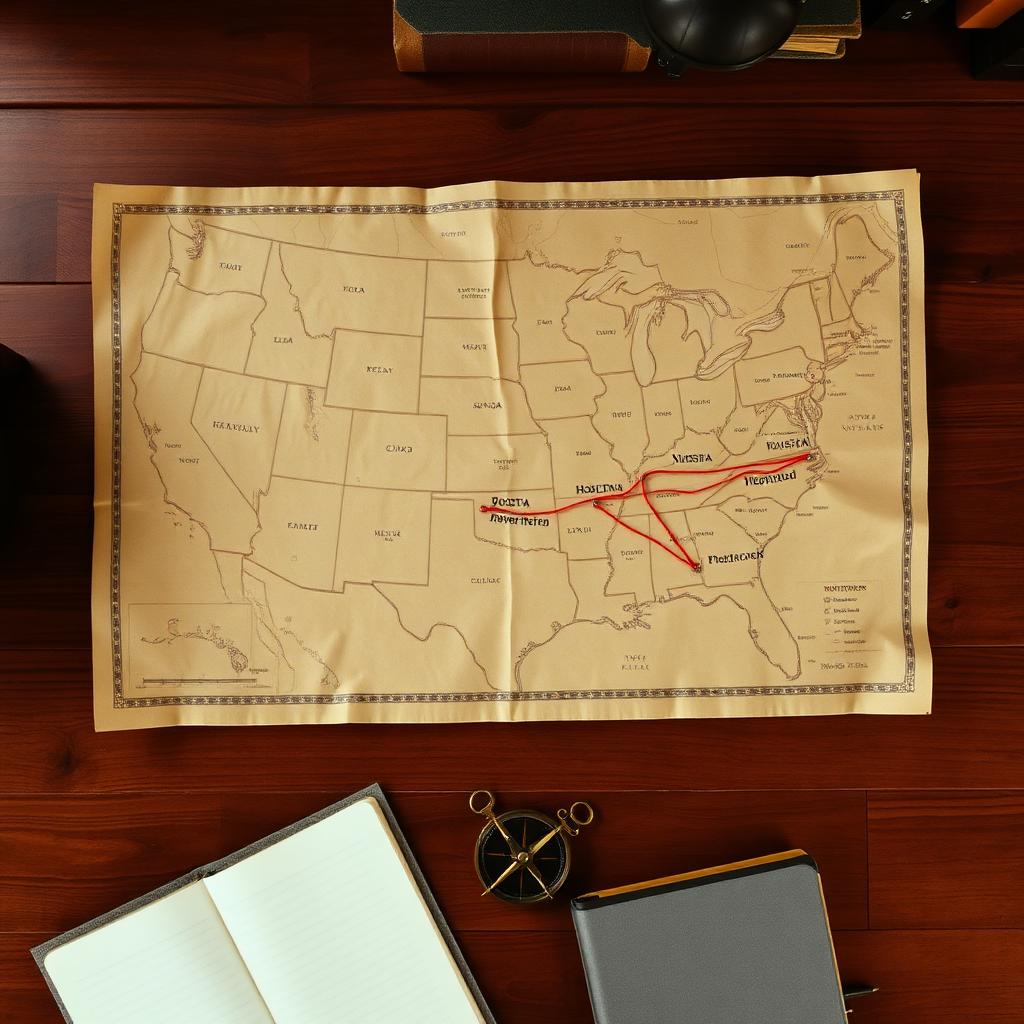 Antique-style map of the United States with a red string tracing a route from Houston