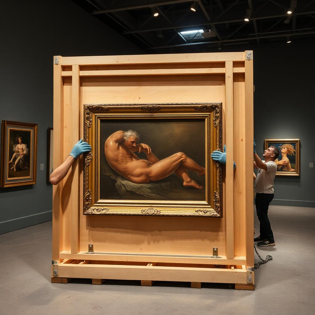 Framed oil painting being built into a custom wooden crate by gloved art handlers