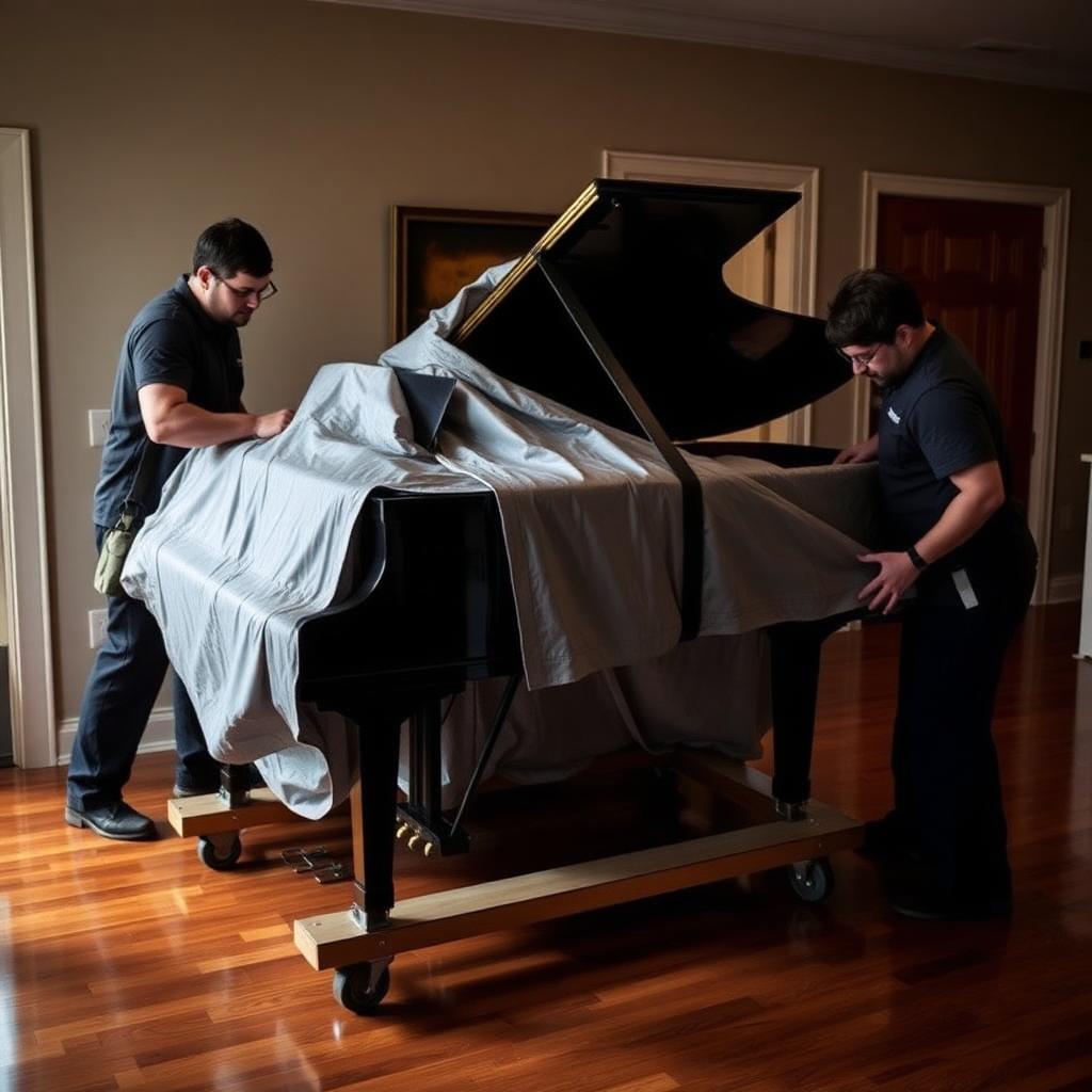 Professional movers wrapping a baby grand piano in blankets and strapping it to a skid board