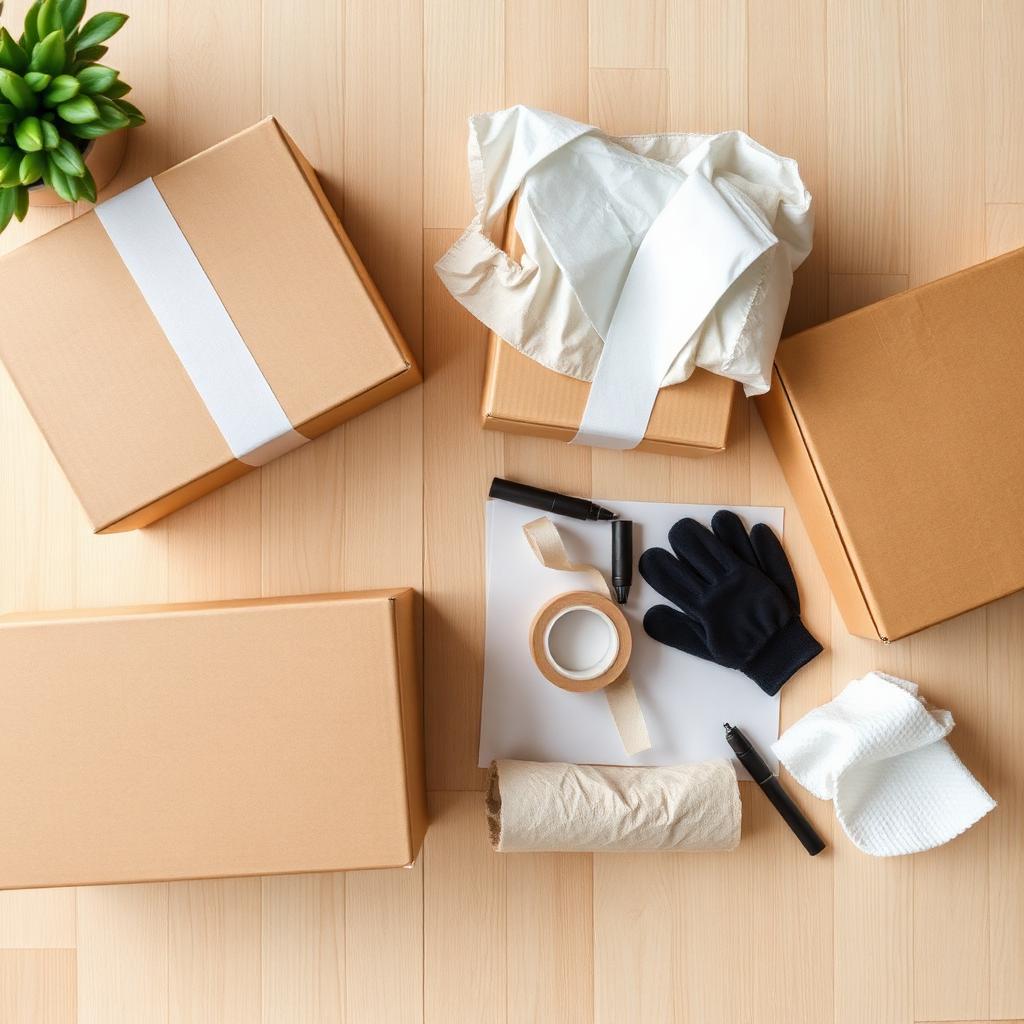 Overhead flat lay of premium packing supplies including boxes, tape, and gloves