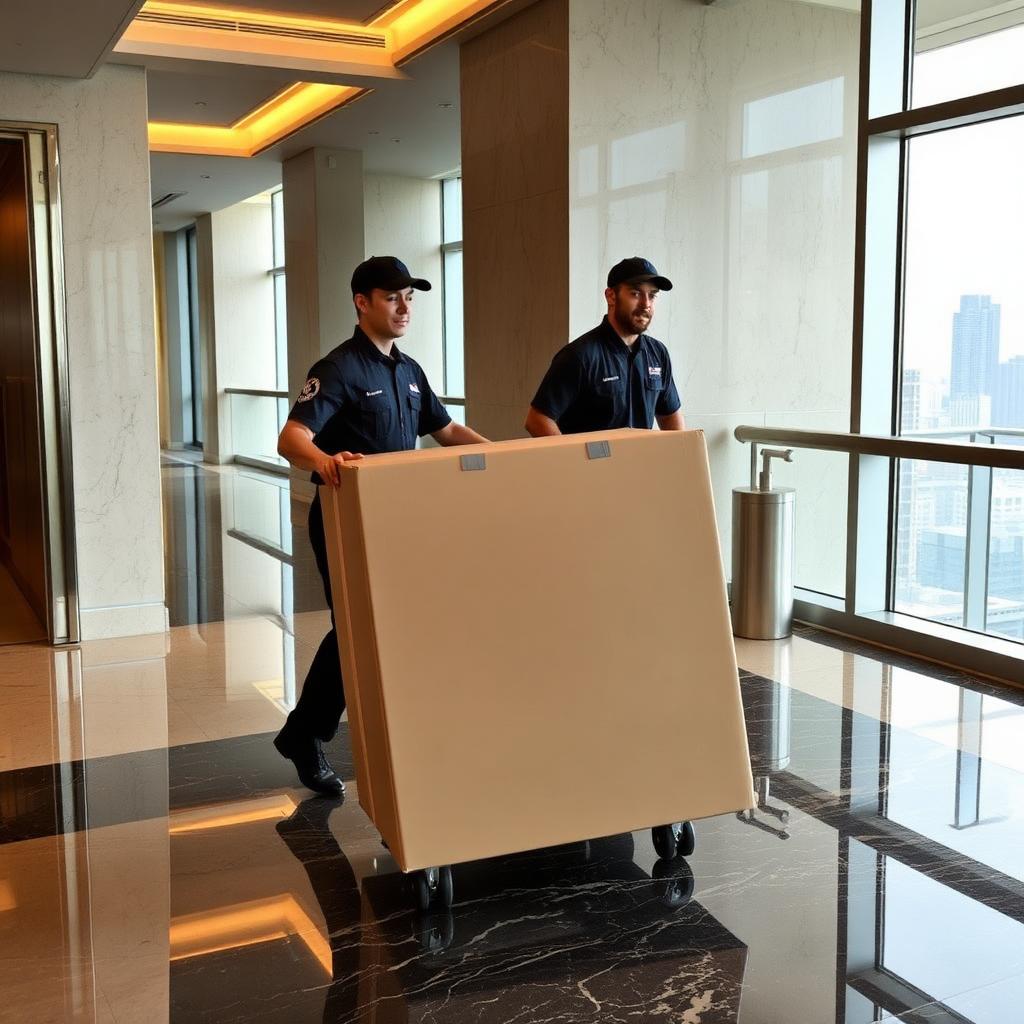 Movers wheeling a wardrobe box through a Houston high-rise apartment lobby