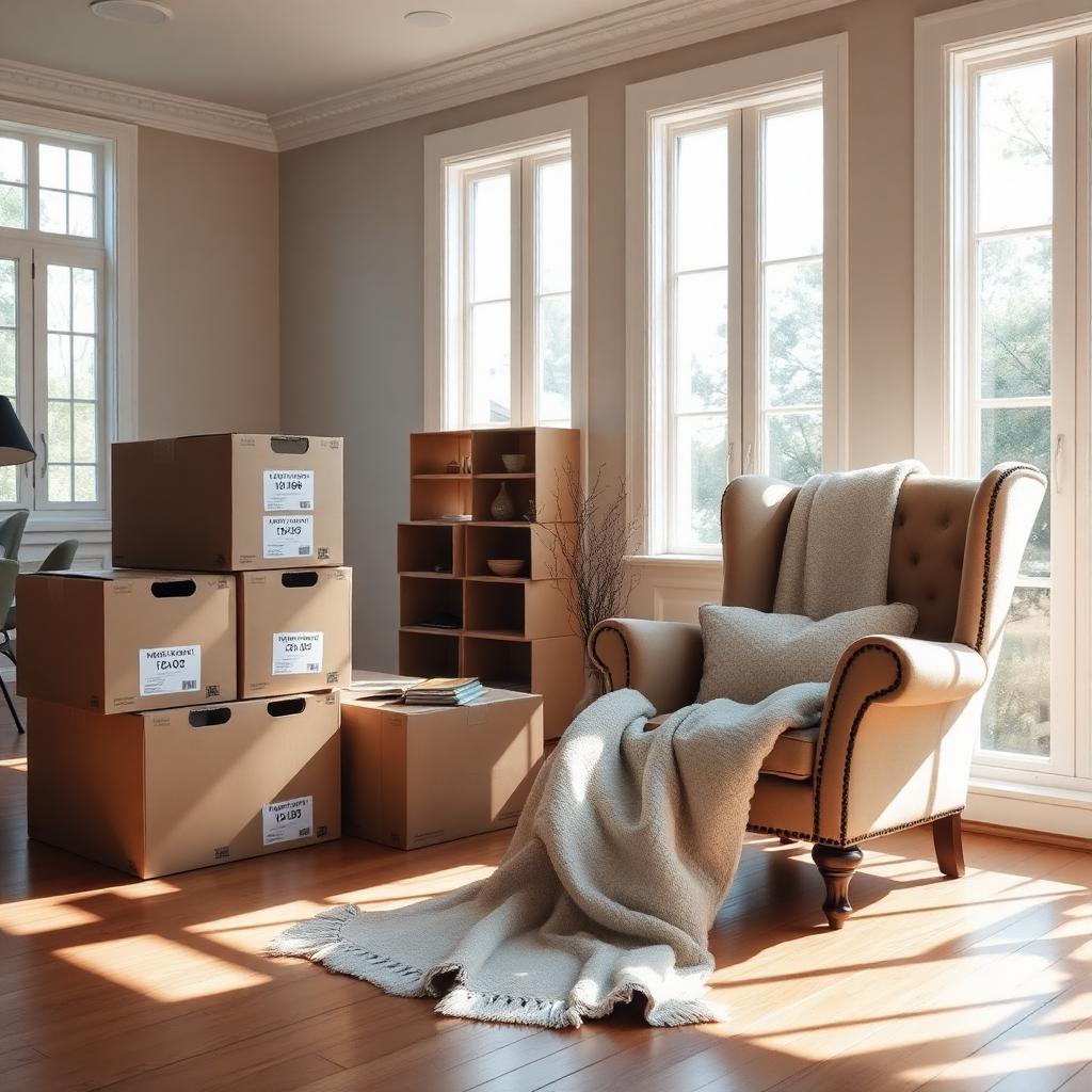 Labeled moving boxes and a folded blanket in a sunlit Houston living room