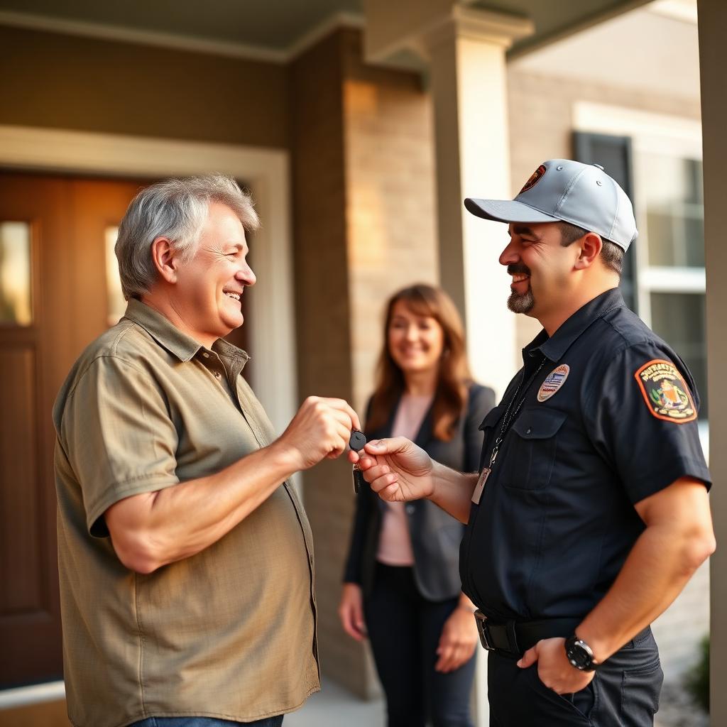 Smiling homeowner receiving keys from a uniformed Houston mover on the porch