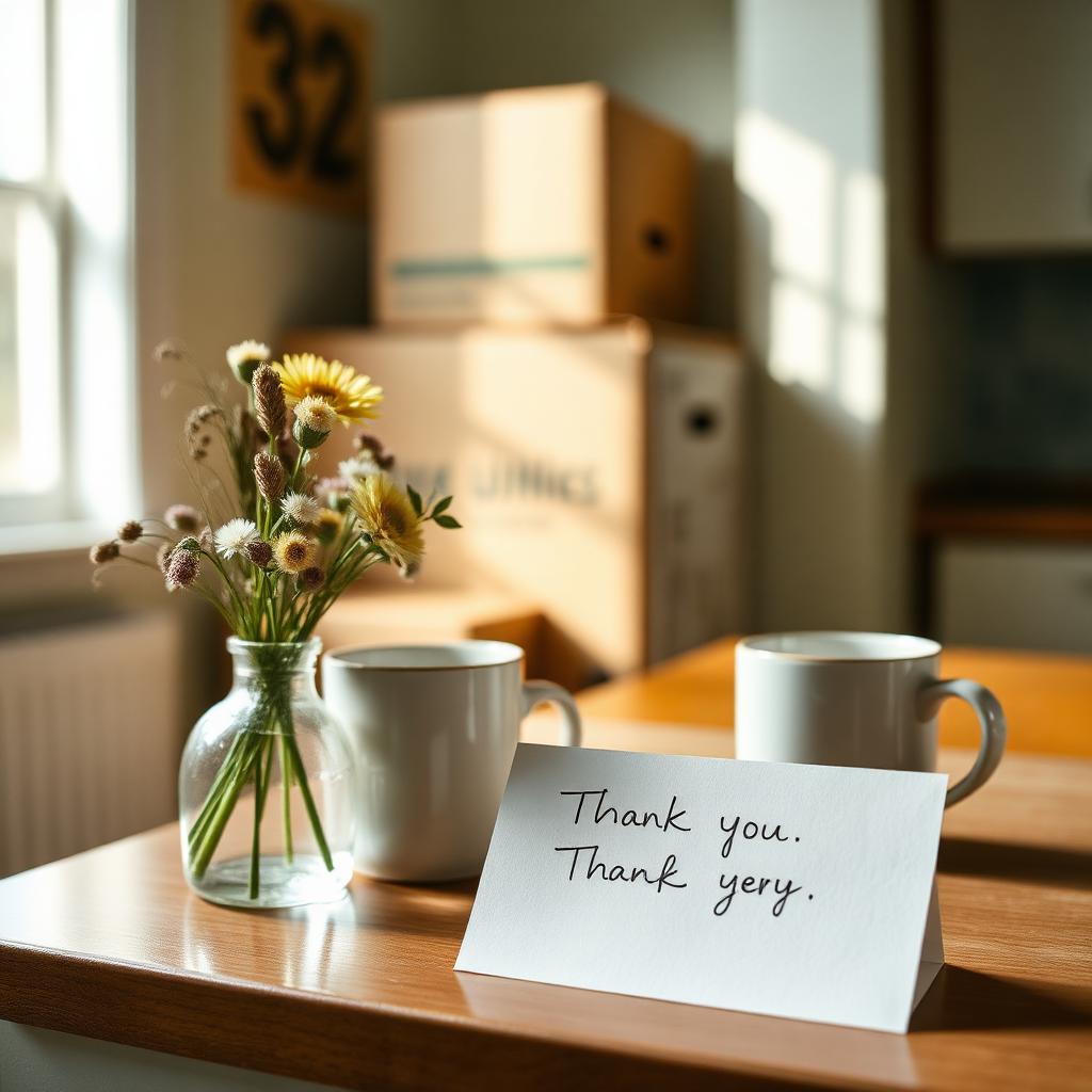 Handwritten thank-you note on a kitchen counter beside a vase of wildflowers
