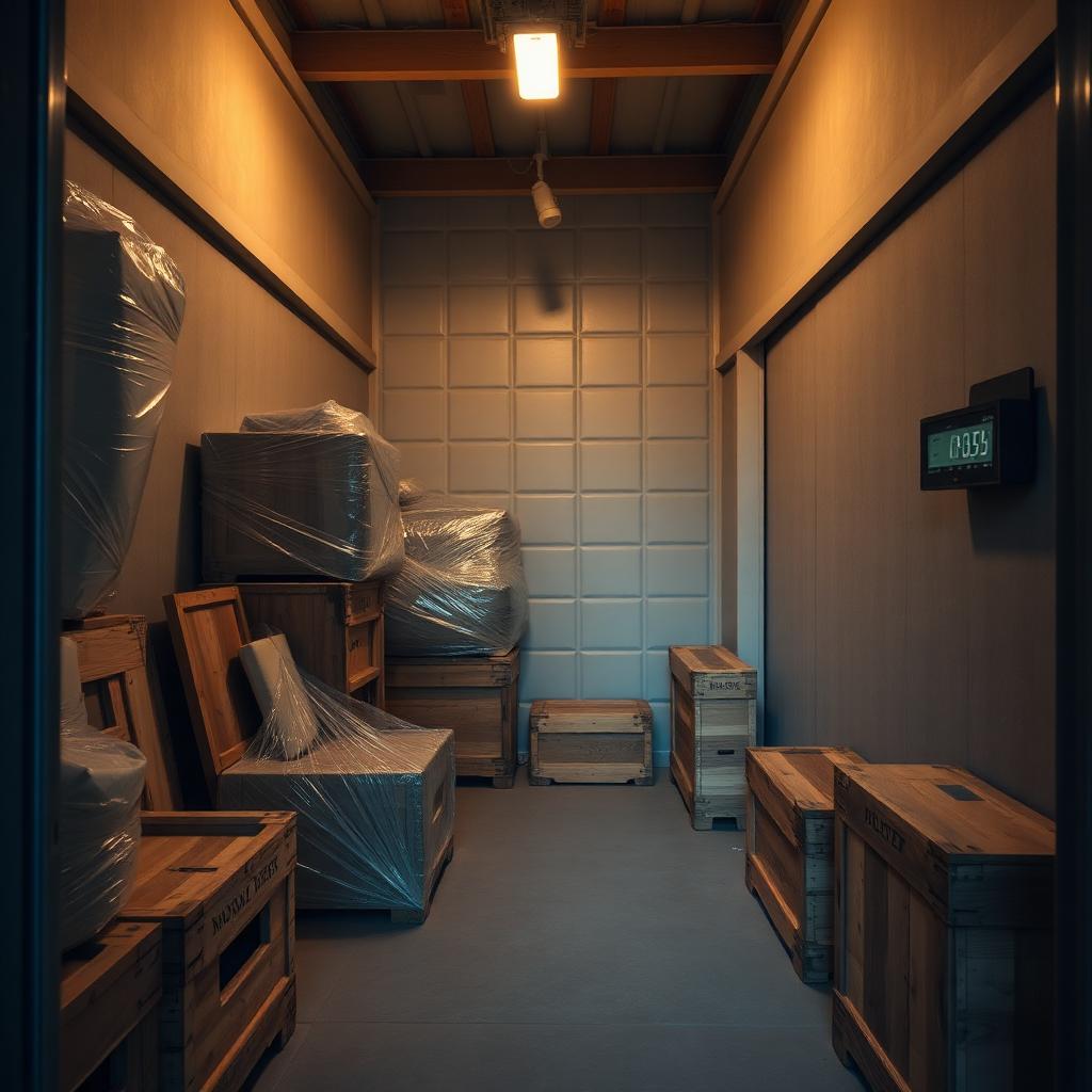 Climate-controlled storage unit with wrapped antique furniture and a wall thermostat